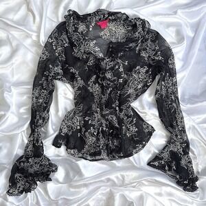Sunny Leigh 100% Silk Floral Ruffle Blouse Black White Sheer Bell Sleeve Top M